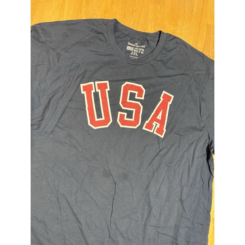 General Standard USA American Flag Men's 2XL Navy Blue Graphic T-Shirt Made USA